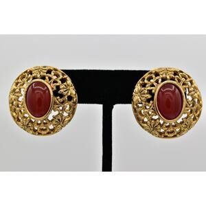 Vintage Cabochon Clip On Earrings Amber Brushed Antiqued Gold Chunky 1980s BinBB